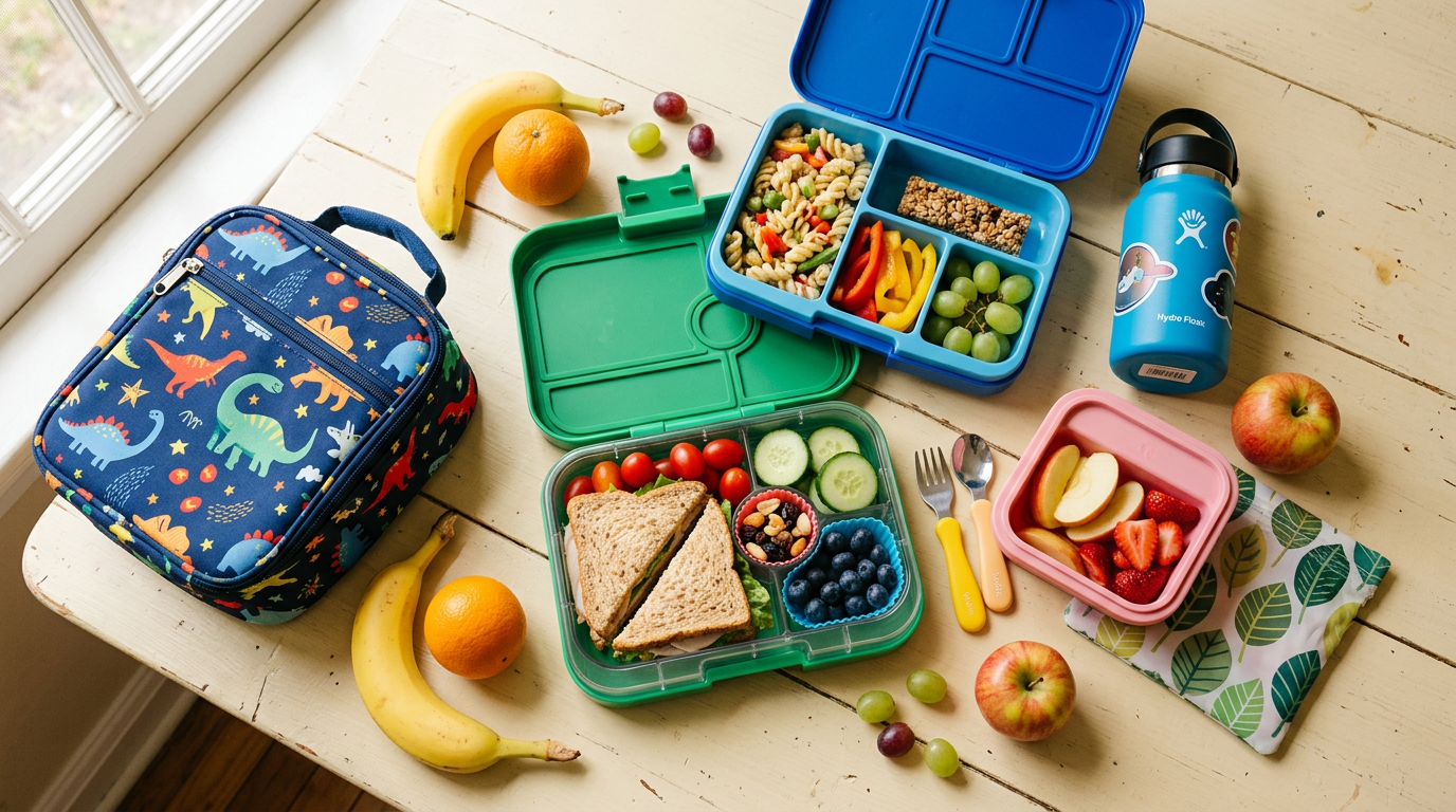 Loncheras de colores con comida saludable sobre una mesa